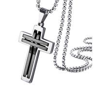 555Jewelry Stainless Steel Cross Necklace for Men, Grooved Half Dome Shape Matte Cross & Polished Border Religious Crucifix Cross Pendant for Men & Women, Silver/Black, 24 Inches Box Chain