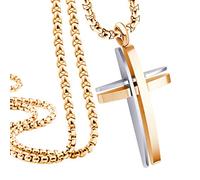 555Jewelry Stainless Steel Cross Necklace for Men, Grooved Half Dome Shape Polished Religious Crucifix Cross Pendant for Men & Women, Rose Gold, Box Chain 18 Inches