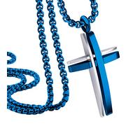 555Jewelry Stainless Steel Cross Necklace for Men, Grooved Half Dome Shape Polished Religious Crucifix Cross Pendant for Men & Women, Silver/Blue, Box Chain 16 Inches