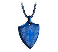 555Jewelry Stainless Steel Shield Cross Necklace for Men, Bible Verse Inspired Evngraving Polished Religious Crucifix Cross Pendant for Men & Boys, Blue, 20 Inches Box Chain