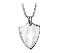 555Jewelry Stainless Steel Shield Cross Necklace for Men, Bible Verse Inspired Evngraving Polished Religious Crucifix Cross Pendant for Men & Boys, Silver, 16 Inches Box Chain