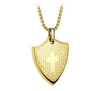 555Jewelry Stainless Steel Shield Cross Necklace for Men, Bible Verse Inspired Evngraving Polished Religious Crucifix Cross Pendant for Men & Boys, Gold, 24 Inches Box Chain