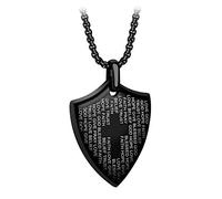 555Jewelry Stainless Steel Shield Cross Necklace for Men, Bible Verse Inspired Evngraving Polished Religious Crucifix Cross Pendant for Men & Boys, Black, 20 Inches Box Chain