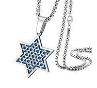 555Jewelry Stainless Steel Star of David Necklace for Men & Women, Box Chain Magen David Necklace for Women, Small Jewish Star Necklace, Mens Jewish Star Necklace, 24 Inch, Silver/Blue
