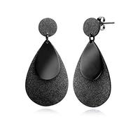 555Jewelry Womens Stainless Steel Teardrop Water Dangle Hanging Metal Shiny Post Stud Push Back Pierced Statement Party Trendy Lightweight Fashion Jewelry Accessory Earrings, Black