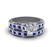 55Carat Cathedral Vintage Style Wedding Set Sterling Silver Created Blue Sapphire Round Shape Wedding Ring Sets Channel Setting Dimensione Q for Women, Girls and Ladies