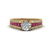 55Carat Matching Jewelry Yellow Gold Plated Created Pink Sapphire Round Shape Milgrain Engagement Rings Channel Setting Dimensione N Minimal Modern Design Birthday Gift Wedding Gift