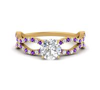 55Carat Pave Split Wave Diamond Ring Yellow Gold Plated Natural Amethyst Round Shape Split Shank Engagement Ring Prong Setting Dimensione U for Women, Girls and Ladies