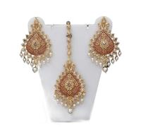 55Carat Sparkling Chandbali Earring Set with Maang Tikka Gold Plated Pearl Traditional Stylish Jewellery for Women Girls Ladies