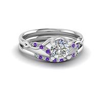 55Carat Sterling Silver Twisted Amethyst & Diamond Wedding Ring Set for Women | Round Cut Natural Amethyst & Pave Diamond Bridal Engagement Ring | Minimal Modern DesignGift U