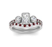 55Carat Three Stone Bezel Set Bridal Ring Set Sterling Silver Created Ruby Radiant Shape Wedding Ring Sets Pave Setting Dimensione O Minimal Modern Design Birthday Gift Wedding Gift