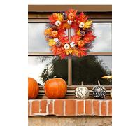 55cm Artificial Fall Wreath for Front Door Rustic Autumn Wreath with Light, Pumpkin, Cotton, Pine Cone,Maple Leaf Living and Home Orange One Size
