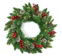 55cm Christmas Door Wreath Prelit Decorative with Warm White LED Lights Berries Pine Cones Flocked Tips Artificial Luxury Natural Looking Wall Hanging Decoration