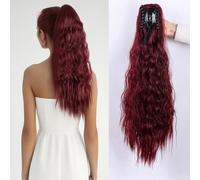55cm Fluffy Curly Invisible Clip-On Ponytail Soft Synthetic Hair Extension Claw Clip High Ponytail Hairpiece Easy Clip-In Attachment (Wine Red)