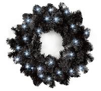 55cm Imperial Pine Pre-Lit Black Wreath with 30 Cool White LEDs and 120 Tips Christmas Holiday Xmas Home Office Fireplaces Stairs Decoration