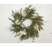 55cm Natural Looking Artificial Green Leaves, Golden Berries and White Hydrangea Flowers Wreath Front Door Hanging Christmas Decorations Wedding Xmas Decorative Garland, 15709