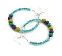 55mm Frosted Teal Glass and Olive/Purple/Teal Wooden Bead Large Hoop Earrings In Silver Tone - 80mm L