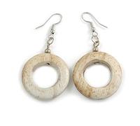 55mm Long Lightweight Wood Drop Earrings - Round Shape with White Washed Finish