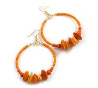 55mm Orange/Peach Large Glass, Wooden Bead Hoop Earrings In Gold Tone - 80mm L
