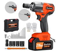 55ONM Cordless Impact Wrench, 1/2" Brushless Electric Wrench, 600W Power Impact Gun with 3400RPM, LED Light, Fast Charge, Electric Impact Gun with 4 Sockets and 12 Bits for Car (4000mAh, Orange)