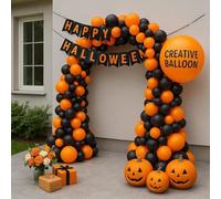 55pc Black & Orange Halloween Balloon Arch Kit Printed Spooky Character Balloons DIY Garland Strip & Glue Dots Perfect for Trick-or-Treat Spooky Parties Autumn Decor