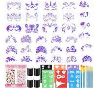 55PCS Face Paint Stencils Kit Includes 33 Reusable Facial Painting Stencils, 6 Sheets Tattoo Templates Stickers, 10 Brushes, 2 Pack Adhesive Gems, 4 Sponge for Halloween Festival Party Makeup