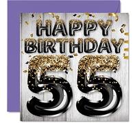 55th Birthday Card for Men - Black & Gold Glitter Balloons - Happy Birthday Cards for 55 Year Old Man Dad Grandad Grandpa Gran Uncle, 145mm Bday Greeting Cards Gift