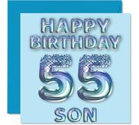 55th Birthday Card for Son - Blue Glitter Party Balloons - Happy Birthday Cards for 55 Year Old Son from Mum Dad Parents, 145mm Bday Greeting Cards Gift