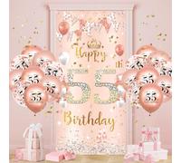 55th Birthday Decoration Women, Rose Gold 55 Banner with Balloons, 55th Birthday Decoration for 55 Years Women 55th Happy Birthday Background Door Banner 55th Balloon Anniversary Birthday Party