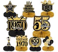 55th Birthday Decorations Centerpieces Men - 9 Pcs Black Gold Table Decor Honeycomb Centerpieces for Vintage Cheers to 55 Years Old Anniversary Retirement Party Supplies