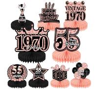 55th Birthday Decorations Centerpieces Women - 9 Pcs Rose Gold Table Decor Honeycomb Centerpieces for Vintage Cheers to 55 Years Old Anniversary Retirement Party Supplies