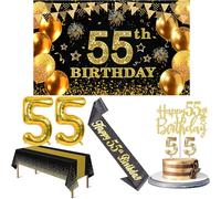 55th Birthday Decorations Men Women with 55th Birthday Banner, Black and Gold Table Cloth, Number Balloons, Black Glitter Sash, Cake Topper and Candles