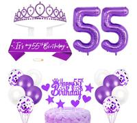 55th Birthday Decorations Women's Birthday Princess Crown Queen Tiara Birthday Sash Birthday Headbands Cake Toppers Number Balloons Decorations Set for 55 Years Old Birthday Party Supplies