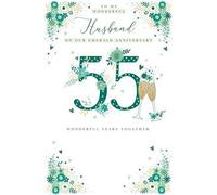 55th Emerald Anniversary Card for Husband - “To My Wonderful Husband on Our Emerald Anniversary - 55 Wonderful Years Together” - Champagne Glass Design - Floral Foil Finish -