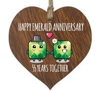 55th Wedding Anniversary Plaque Gift for Husband Wife - 55 Years Together - Happy Emerald Anniversary Wooden Heart for Women Men Partner, Dark Wood Sign Keepsake Gifts