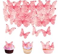 56 Pcs Edible Pink Butterfly Cupcake Toppers 3D Cake Decoration Picks for Wedding Baby Shower Party Anniversary Birthday