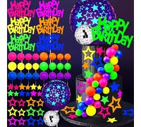56 PCS Glow Cake Topper Set with Ball Star and Happy Birthday Toppers UV Reactive Party Decorations for Neon Cakes Black Light Party Supplies in 6 Colors