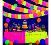 56 Pcs Glow Neon Party Supplies Glow in The Dark Table Cloths Backdrop Banner UV BlackLight Balloons 2026 Vbs Photo Decor for Glow in Dark Neon Birthday Party