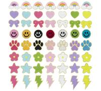 56 PCS Love Heart,Smiling Face Face,Rainbow,Flower,Paw Self-Adhesive Chenille Applique Patches Chenille Embroidered Patches for Bags Dress Shoes Jackets Fridge DIY Jeans Vests Laptop Phone