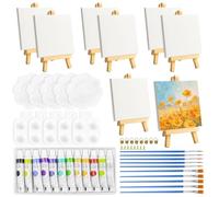 56 Pcs Mini Canvas and Easel, Small Canvas Painting Set - 4x4 Inches Canvases with Wooden Mini Easels, Paint Brushes, Paint Palette, Hooks & Acrylfarben for Kids, Artists, Art Parties, DIY Craft Proje