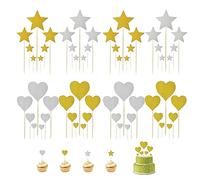 56 Pieces Glitter Cake Insert Set, Star Cake Decoration, Cupcake Toppers, Bakery Dessert Heart Flags, Suitable for Birthday Party, Wedding Party (Gold, Silver)