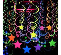 56 Pieces UV Hanging Swirls Decorations Paper Neon Streamer for Ceiling Star Neon Garlands Black Light Neon Decorations for Dark Glow Party Supplies and Decorations Birthday Neon Party Favors
