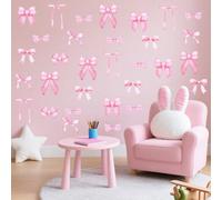 56Pcs Pink Bow Wall Stickers - 8Sheets Watercolor Bow Decor for Girls Room, Peel and Stick Pink Bows Wall Decor, Vinyl Peel and Stick Room Decors for Nursery, Bedroom, Coquette Bows Decorate