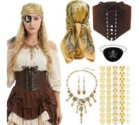 56PCS Women Pirate Costume Accessories Set, Medieval Pirate Costume Accessory Set with Gold Pirate Head Scarf, Eye Patch, Skull Necklace, Waist Sash, Pirate Fancy Dress for Cosplay Carnival (Style 1)