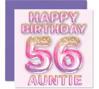 56th Birthday Card for Auntie - Pink & Purple Glitter Balloons - Happy Birthday Cards for 56 Year Old Aunt Aunty from Nephew Niece, 145mm Bday Greeting Cards Gift