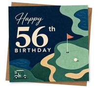 56th Birthday Card for Dad, Golf Green, Flag and Cart | For Dad’s 56th: bold age lettering with a scenic golf green, flag pin, ball, sand bunkers, water and a small golf cart.