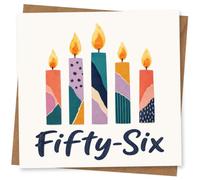 56th Birthday Card for Her, 5 Patterned Candles, Fifty-Six | Five colourful patchwork candles above bold navy “Fifty-Six” lettering; a bright, modern look for her 56th birthday.