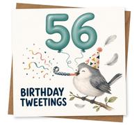 56th Birthday Card for Her, Birthday Tweetings Bird | For her 56th, this design pairs teal “56” balloons with a happy bird in a party hat, confetti curls and flying feathers.