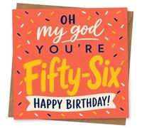 56th Birthday Card for Her, Coral Confetti 'Oh My God' | Playful milestone laugh for her 56th: coral background, confetti sprinkles and “Oh my god you’re Fifty-Six”.