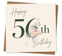 56th Birthday Card for Her, Cream Floral & Script Text | Graceful script lettering on a refined cream background, paired with delicate floral artwork to mark her 56th.